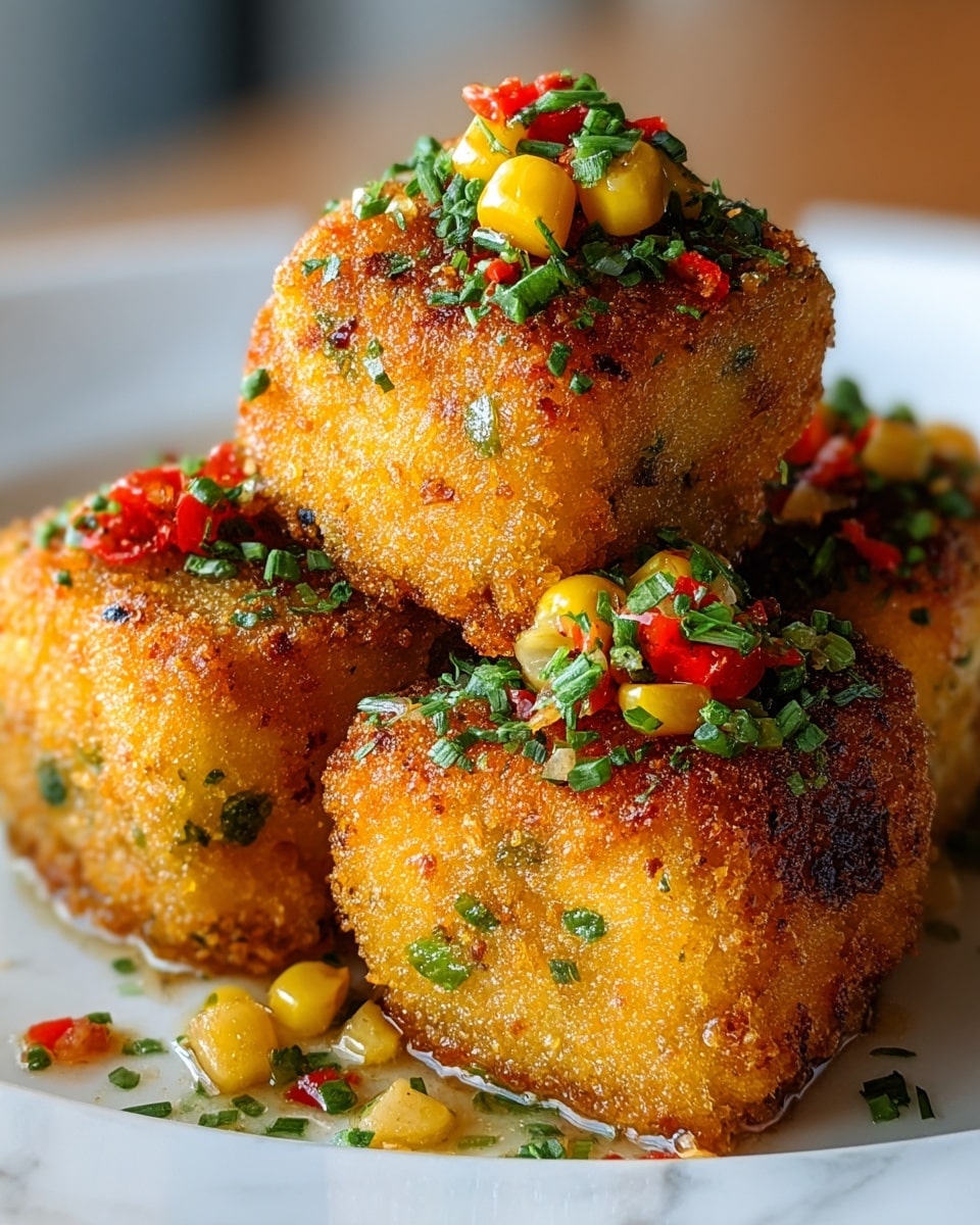 The image shows four golden-brown, crispy fried cubes stacked on a white plate set on a white marbled surface. Each cube has a rough, crunchy texture on the outside with visible small green herbs and red pepper bits inside. The cubes are topped with chopped green herbs, small yellow corn kernels, and tiny pieces of red pepper, adding color and freshness. The lighting highlights the crispy texture and bright colors of the topping, making the dish look warm and appetizing. Photo taken with an iphone --ar 4:5 --v 7