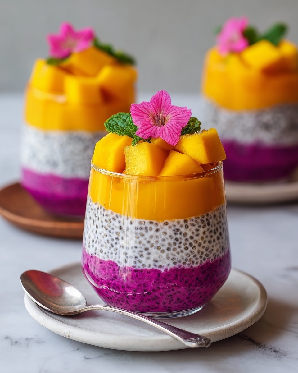 The image shows a clear glass with five colorful layers of a dessert. The bottom layer is bright purple with a speckled texture, followed by a thick white layer with small black chia seeds visible. Above the white layer is a smooth, bright yellow-orange layer. Next is another purple speckled layer like the first one. The top layer is made of large, yellow-orange mango chunks arranged on the purple layer. A small pink flower and green mint leaves sit on top of the mango pieces. The glass is placed on a round white plate with a silver spoon beside it, all set on a white marbled surface. In the background, two more glasses with the same dessert are blurred slightly. photo taken with an iphone --ar 4:5 --v 7