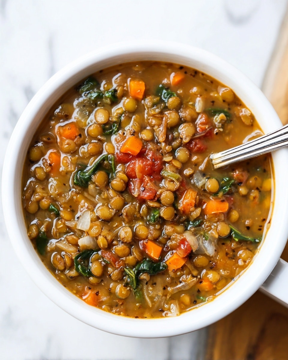 A white bowl filled with thick lentil soup, showing three main layers of ingredients. The base layer is a brownish broth with visible specks of seasoning. The middle layer is full of round, cooked lentils in a light brown color, densely packed across the surface. The top layer includes small pieces of diced orange carrots, green spinach or kale, chunks of red tomato, and translucent onion bits, all mixed together giving a rich texture with varied colors. A silver spoon is partially submerged inside the bowl. The bowl sits on a white marbled surface photo taken with an iphone --ar 4:5 --v 7