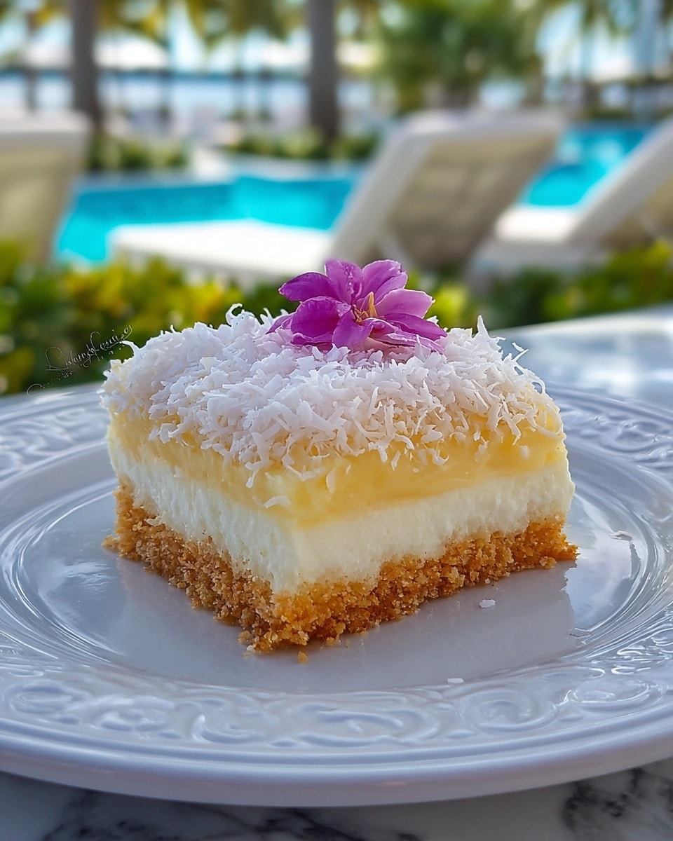 A small round cake with three visible layers sits on a white plate with a silver decorative base. The bottom layer is light brown and slightly crumbly, the middle layer is a smooth, creamy pale yellow, and the top layer is covered in white shredded coconut. A single bright purple flower is placed on top, near the center hole of the cake. The cake has a soft, moist texture and the shredded coconut adds a fluffy, textured look around the top edge and base. The scene is set against a background of green plants and a blue swimming pool, with the plate placed on a white marbled surface. Photo taken with an iphone --ar 4:5 --v 7