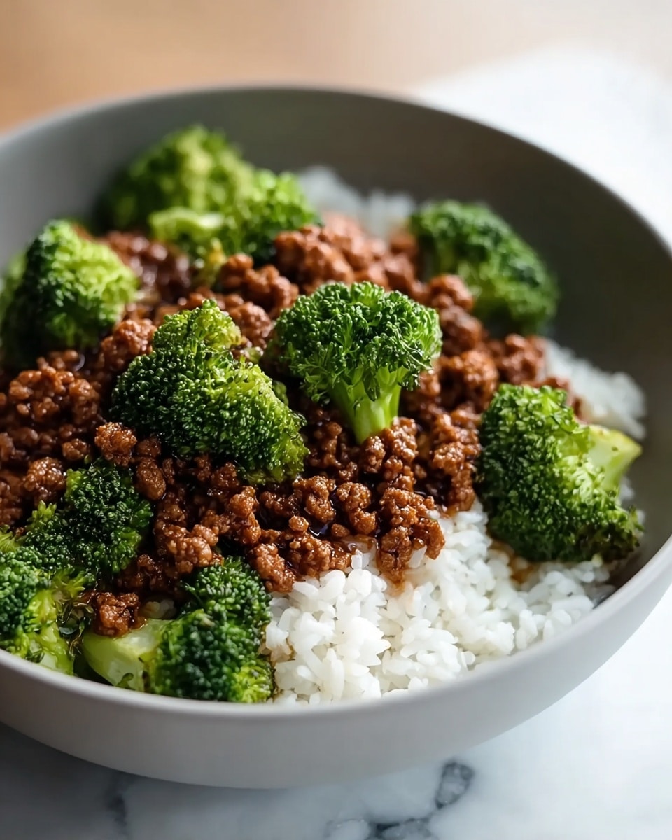 The image shows a white plate filled with a dish made of small pieces of cooked ground meat layered on top of large, bright green broccoli florets. The meat looks moist and slightly shiny, with a brown color and crumbly texture. The broccoli has a fresh and firm appearance with some light highlights, positioned evenly under the meat to create two distinct layers. The plate rests on a white marbled surface, and the lighting highlights the textures and colors of the food. Photo taken with an iphone --ar 4:5 --v 7