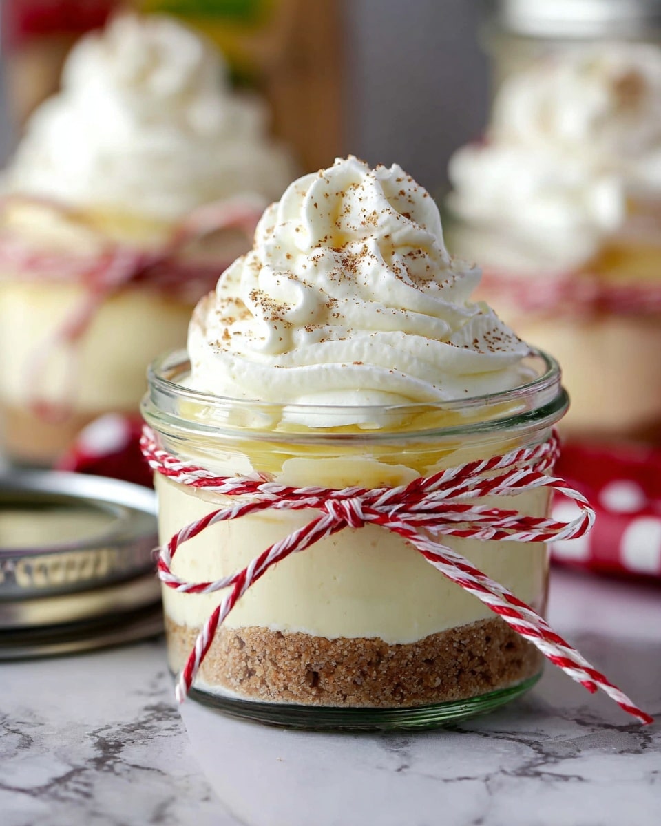A small glass jar dessert with three visible layers: the bottom layer is a crumbly, light brown crust; the middle layer is creamy and pale yellow filling; the top layer is a thick swirl of white whipped cream sprinkled with tiny brown specks. The jar is tied around the middle with a red and white striped string tied in a bow. Another jar with the same dessert is blurred in the background, set on a white marbled surface. photo taken with an iphone --ar 4:5 --v 7