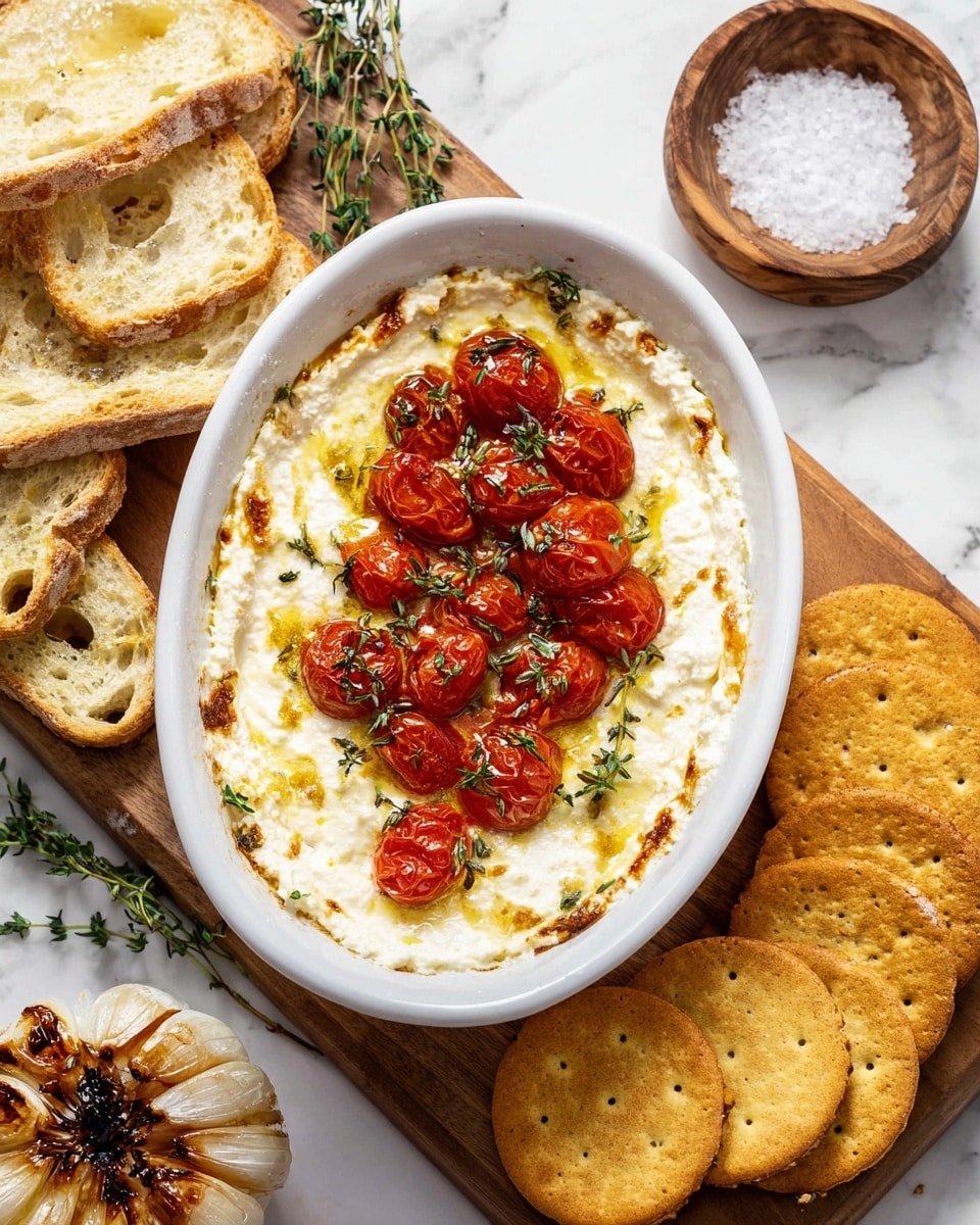 A white oval dish holds a creamy, smooth ricotta cheese layer topped with roasted red cherry tomatoes and sprigs of green thyme in the center. The ricotta is slightly golden with browned spots around the edges, showing a soft, fluffy texture. The dish sits on a wooden cutting board, surrounded by toasted slices of light brown bread, golden round crackers on the right, and a small round wooden bowl of coarse salt in the top right corner on a white marbled surface. A halved, roasted garlic bulb with a caramelized top is visible at the bottom left area near green thyme herbs. Photo taken with an iphone --ar 4:5 --v 7