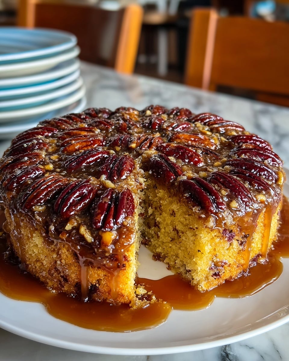 A round two-layer pecan cake on a white plate, with the top layer covered in glossy, dark brown whole pecans arranged in a circular pattern, and a sticky caramel glaze dripping over the edges. The bottom layer is a moist golden-yellow cake with visible nut pieces inside. A single slice has been cut out on one side, showing the soft texture inside. The plate is set on a white marbled surface with a blurred background of wooden chairs and plates. Photo taken with an iphone --ar 4:5 --v 7
