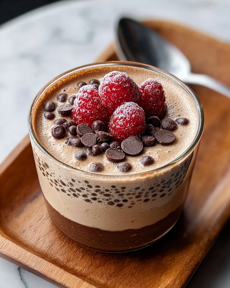 The image shows a small glass cup with three layers: the bottom layer is dark chocolate mousse with a bubbly texture, the middle layer is lighter chocolate cream, and the top layer is smooth beige cream. On top are scattered dark chocolate chips and round chocolate pieces with a dusting of cocoa powder along the rim. In the center, there are four bright red raspberries coated lightly with frost. The cup sits on a wooden tray, placed on a white marbled surface, with a spoon blurred in the background. Photo taken with an iphone --ar 4:5 --v 7