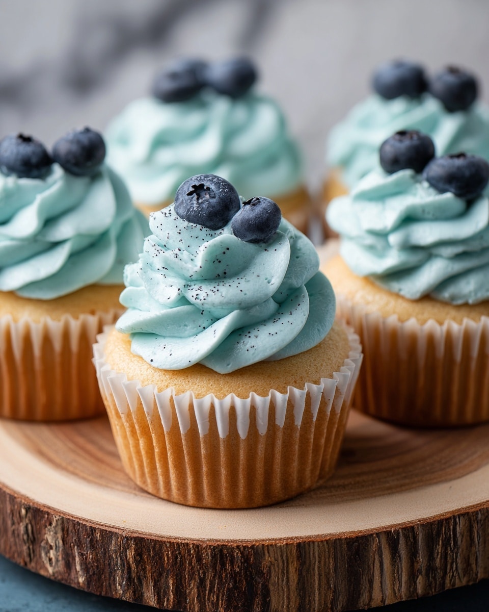 The image shows five vanilla cupcakes with light golden bases wrapped in white paper liners. Each cupcake is topped with a large swirl of smooth, sky-blue frosting that has small dark specks, giving it a slightly textured look. On top of each frosting swirl sit two dark blue, plump blueberries. The cupcakes are arranged closely together on a wooden board with rough bark edges, placed on a white marbled surface. Photo taken with an iphone --ar 4:5 --v 7