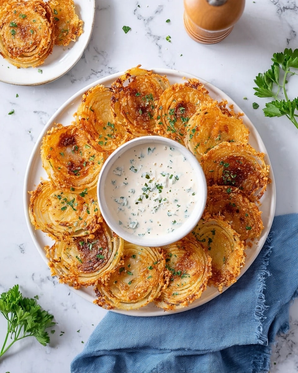 A white round plate on a white marbled surface holds crispy golden brown onion slices arranged in a circle around a white bowl filled with creamy white sauce sprinkled with small green herbs. Each onion slice has a crispy textured edge with a slightly caramelized look, topped lightly with finely chopped green herbs. There is a separate small white plate nearby with more onion slices, and a light wooden pepper grinder and a sprig of fresh green parsley are also visible on the marbled surface, with a blue cloth partially tucked under the main plate. Photo taken with an iphone --ar 4:5 --v 7