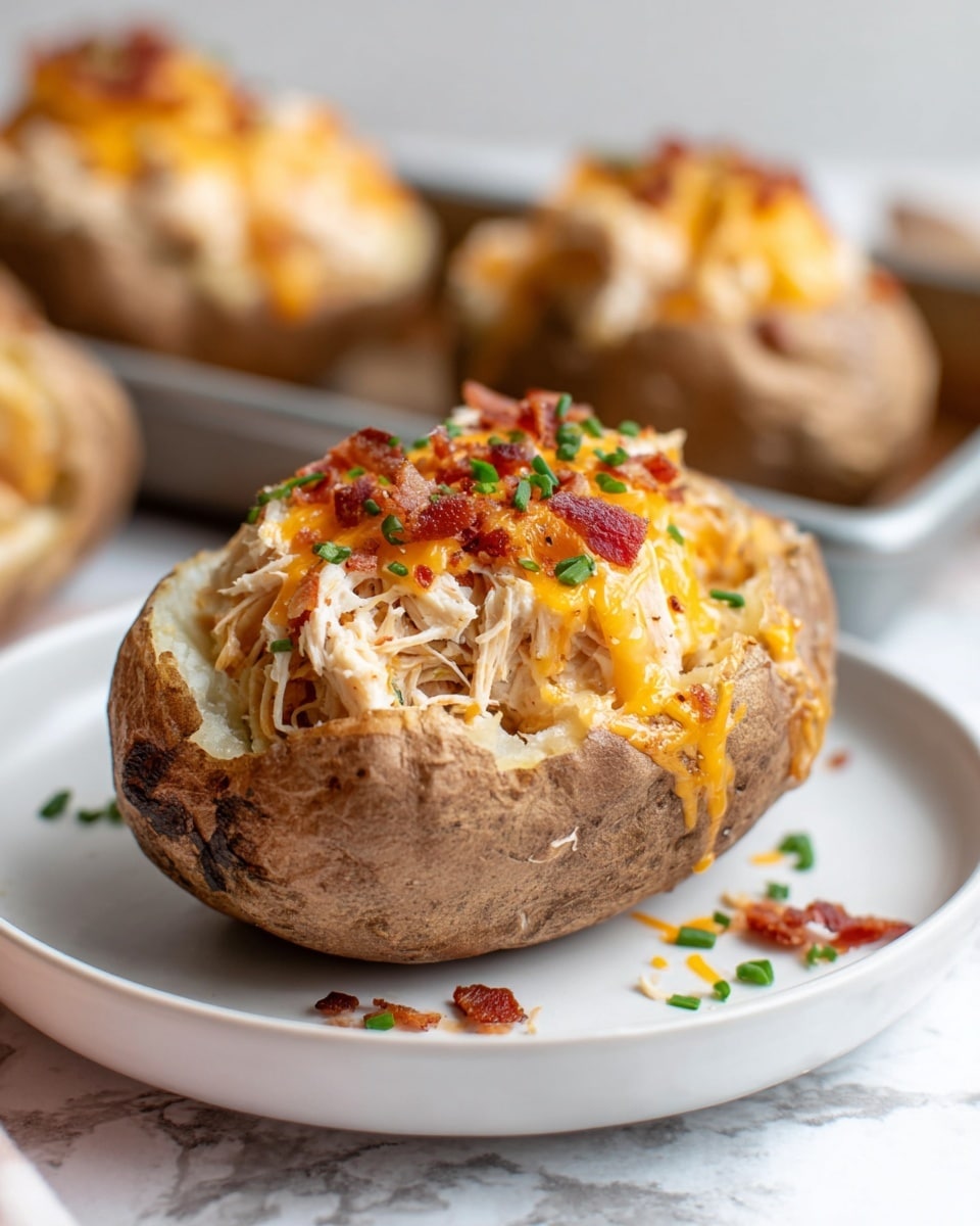 A baked potato with a rough brown skin split open in the middle shows a fluffy white interior. It is filled with shredded white chicken meat mixed with melted bright orange cheddar cheese. Crispy small pieces of red bacon and chopped green chives are scattered on top. The potato sits on a smooth white plate, placed on a white marbled surface. In the background, a tray holds a few more similar stuffed potatoes, slightly blurred. photo taken with an iphone --ar 4:5 --v 7