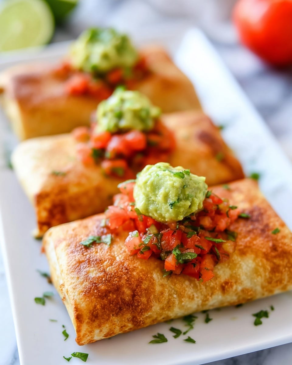 Three golden-brown, rectangular burritos are neatly lined up on a white plate, each topped with a small mound of chunky green guacamole and bright red salsa made of diced tomatoes and onions. The burritos have a crispy, textured outer layer with slight browning that shows they are fried or toasted. The focus is on the closest burrito, with the others softly blurred behind it. The plate sits on a white marbled surface with blurred lime and tomato in the background. Photo taken with an iphone --ar 4:5 --v 7