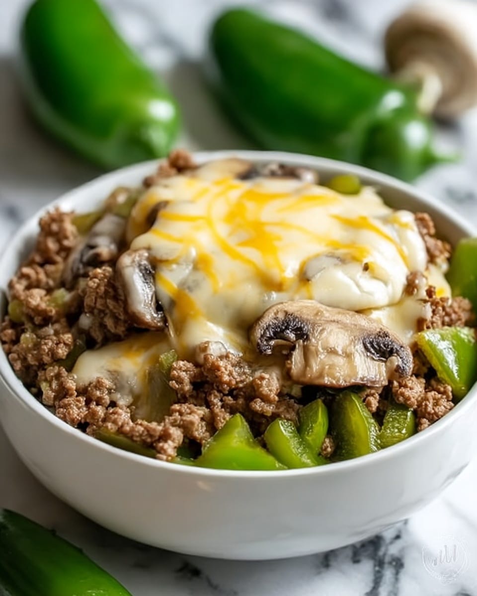The image shows a white bowl filled with a layered dish starting with chopped green bell peppers and onions at the bottom, topped with browned ground meat mixed with sliced mushrooms. On top, there is a melted layer of creamy light yellow cheese covering part of the meat and vegetables. The bowl sits on a white marbled surface with some green chili peppers blurred in the background. The photo was taken with an iphone --ar 4:5 --v 7
