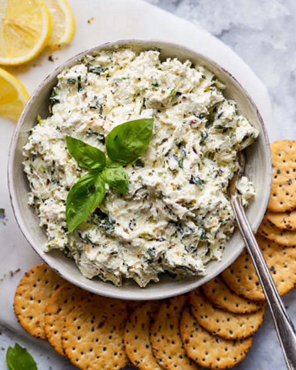 A close-up image shows a white bowl filled with a creamy mixture that has green leafy bits and small dark seeds, giving it a textured look. The mixture is softly mounded, with two fresh green basil leaves placed on top for color contrast. A silver spoon is partially dipped in the mixture, and around the bowl, there are several round crackers with speckled seeds, lying flat on a white marbled surface. Some lemon wedges are placed in the top left corner, adding a pop of yellow to the scene. The photo taken with an iphone --ar 4:5 --v 7