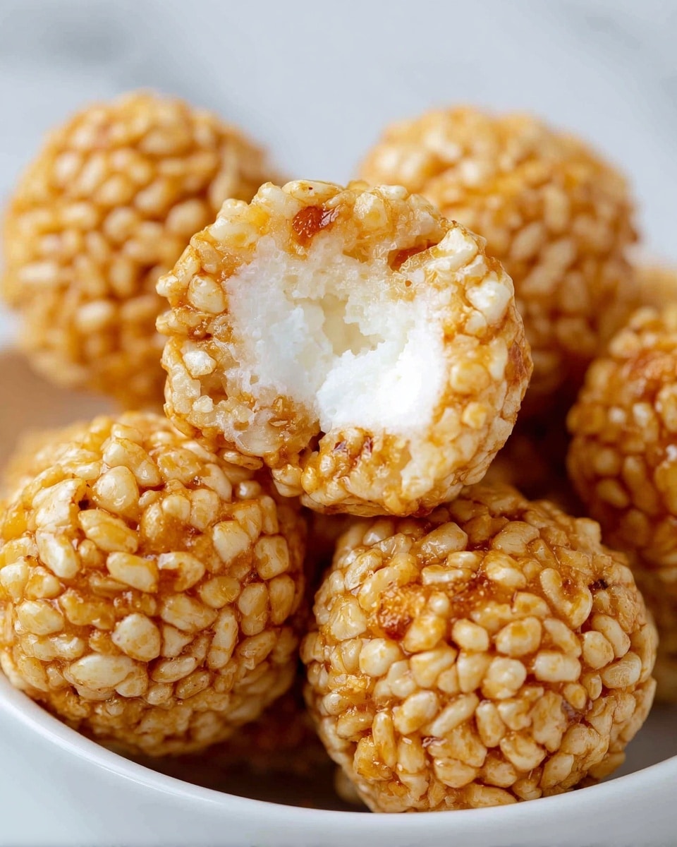 The image shows a close-up of crispy balls coated with light golden puffed rice. Each ball has two layers: the outer layer is rough and crunchy with puffed rice pieces tightly packed and stuck together creating a textured surface, while the inside layer is soft and white, showing a creamy or marshmallow-like filling when one ball is bitten into. The balls are placed in a white bowl, with a white marbled surface in the background, and the photo focuses mainly on the front pieces, showing detail on the crunchy outside and soft inside photo taken with an iphone --ar 4:5 --v 7
