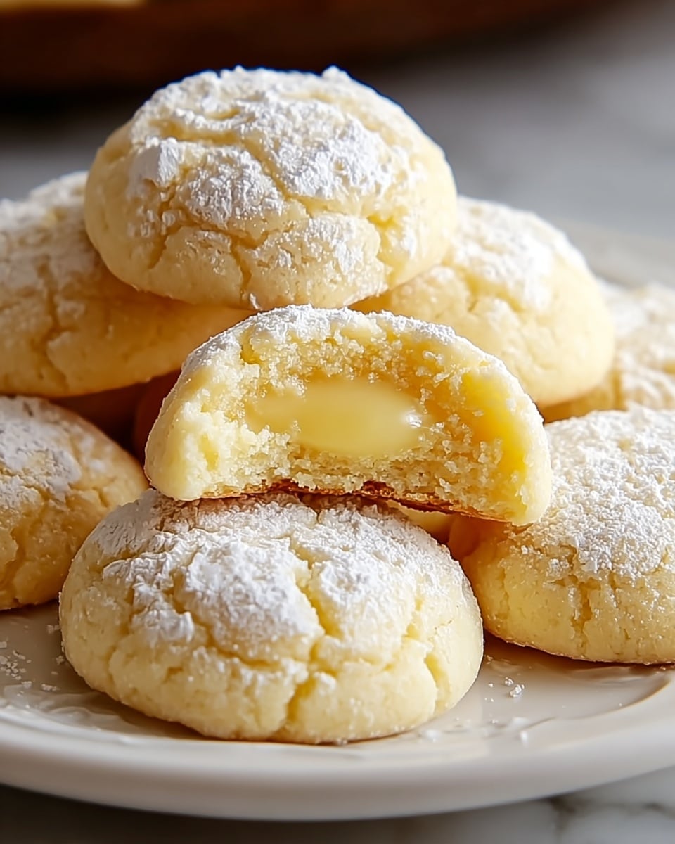 The image shows a close-up of soft, light yellow cookies arranged in a small pile on a white plate. Each cookie has a round shape with a slightly cracked top dusted with white powdered sugar. One cookie is broken in half, revealing a smooth, glowing, creamy filling inside with a glossy texture contrasting the crumbly outer layer. The cookies have a soft and delicate appearance, with a gentle yellow hue and fine details of the texture visible. The setting features a white marbled surface softly blurred in the background. photo taken with an iphone --ar 4:5 --v 7