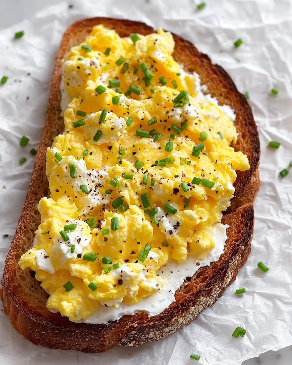 A close-up of one slice of toasted bread with a crispy brown crust and soft inside, topped with a thick layer of fluffy yellow scrambled eggs mixed with white cottage cheese. Small green chive pieces are scattered evenly on top, and a light sprinkle of black pepper dots the surface. The toast rests on crinkled white parchment paper over a white marbled texture background. photo taken with an iphone --ar 4:5 --v 7
