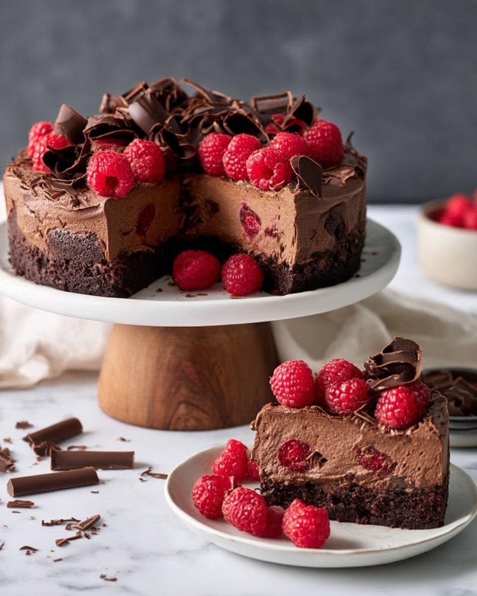A rich chocolate cake with three distinct layers is shown on a white cake stand with a wooden base set on a white marbled surface. The bottom layer is a dark, dense chocolate crust, followed by a thick middle layer of smooth chocolate mousse with visible raspberries inside. The top is decorated with fresh bright red raspberries and dark chocolate curls scattered over the surface and around the edges. A slice of the cake is placed on a white plate in the foreground, showing the creamy texture inside and topped with raspberries and chocolate curls. Photo taken with an iphone --ar 4:5 --v 7
