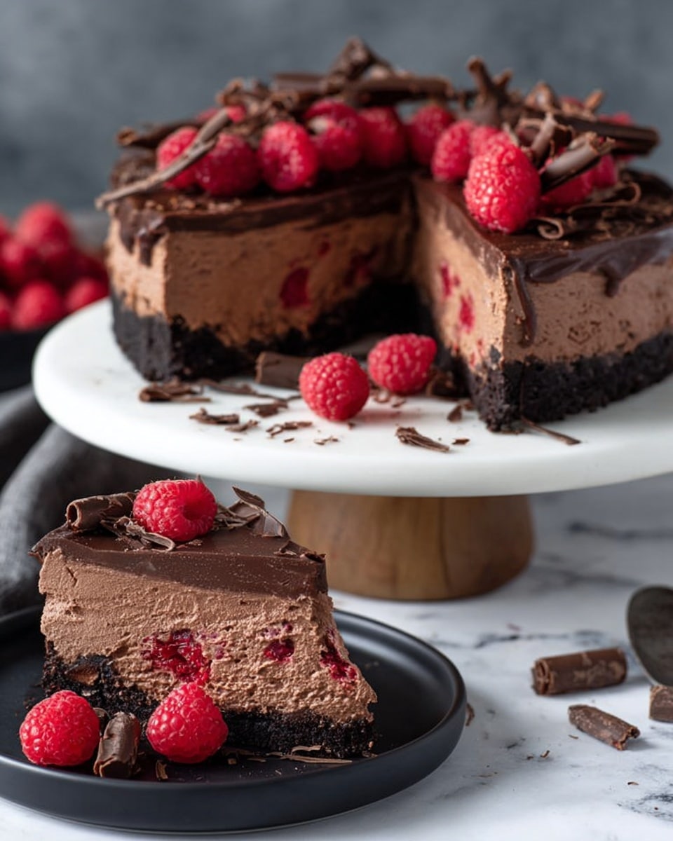 The image shows a rich chocolate cheesecake with three visible layers on a white round plate. The bottom layer is a dark, crumbly chocolate crust, the middle layer is thick, creamy chocolate cheesecake with pieces of red raspberry inside, and the top layer is smooth chocolate ganache decorated with fresh bright red raspberries and thin dark chocolate curls scattered around. A slice of the cheesecake is cut and placed on a black plate in the foreground with a raspberry and chocolate curls on top. The background surface is a white marbled texture. Photo taken with an iphone --ar 4:5 --v 7