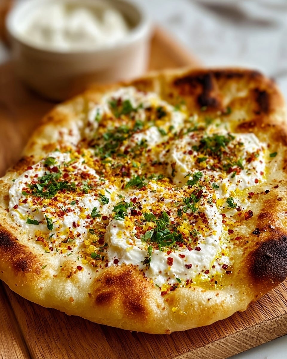 The image shows a flatbread with a golden-brown, slightly charred surface that looks crispy on the edges and soft in the middle. The flatbread has four spoonfuls of white creamy cheese spread evenly across the top, each topped with small bits of green herbs and sprinkled with red chili flakes and yellow spices. The flatbread sits on a wooden board, with a blurred white bowl of sauce in the background, all placed on a white marbled surface. photo taken with an iphone --ar 4:5 --v 7