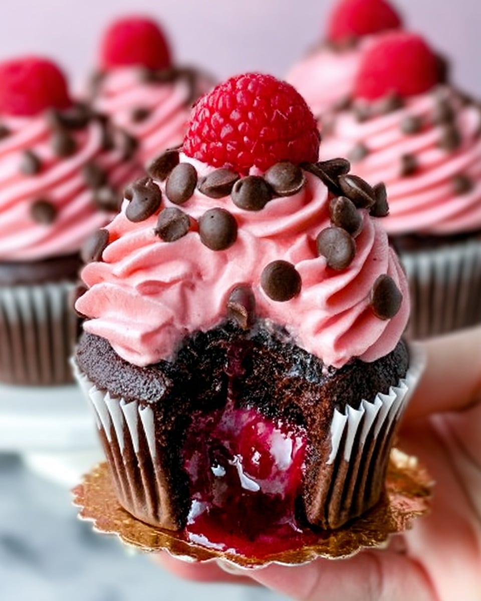 The image shows a chocolate cupcake with a dark brown cake base held by a woman's hand. On top, there is a thick swirl of smooth pink frosting with a soft texture. The frosting is decorated with small, dark brown chocolate chips evenly placed around its peak. A fresh, bright red raspberry sits on top in the center. At the bottom right of the cupcake, a piece is cut out, revealing a rich, dark red filling trickling out along the shiny pink frosting. The cupcake rests on a small, round gold base with other similar cupcakes blurred in the background, all placed on a white marbled surface. photo taken with an iphone --ar 4:5 --v 7