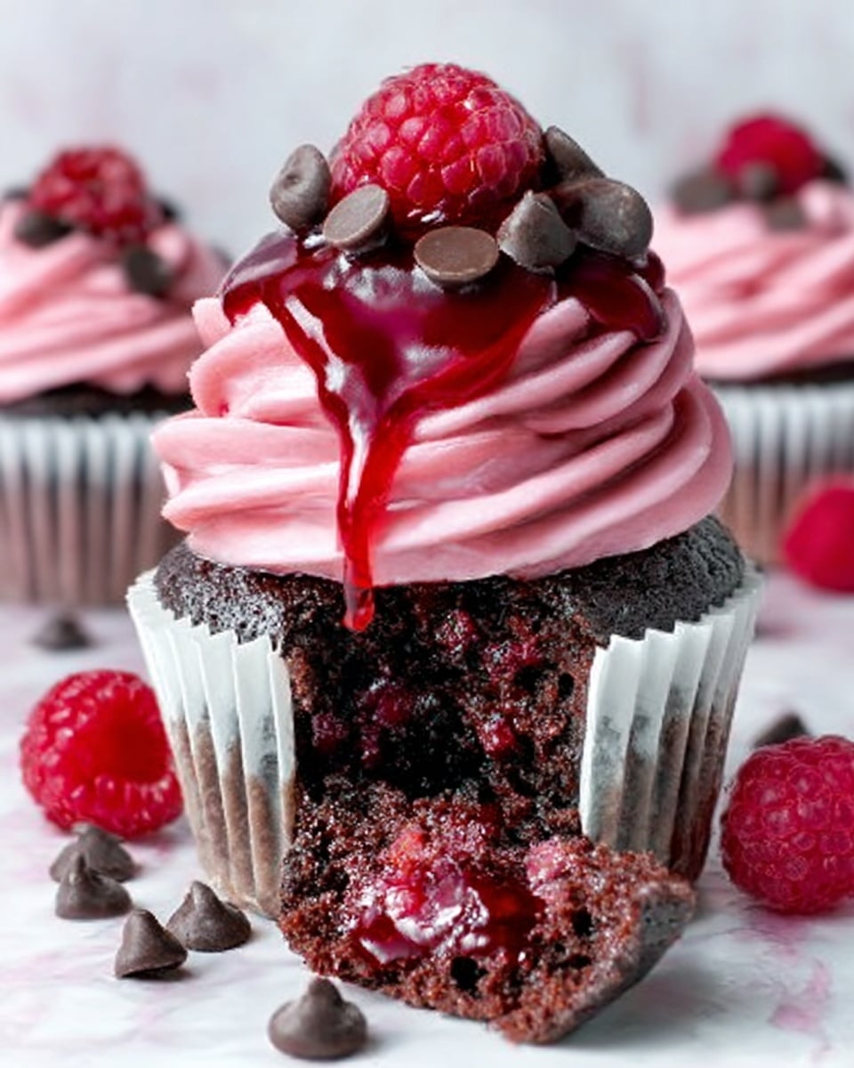 A white cupcake wrapper holds a chocolate cupcake topped with two swirls of pink frosting. On top, there are dark chocolate chips and a single raspberry. A thick, shiny red sauce drips down from the middle of the frosting. In front of the cupcake, a piece of it is cut out showing the moist chocolate cake inside with some red sauce pooling at the bottom. Around the cupcake, there are more dark chocolate chips and fresh raspberries scattered. The background is a white marbled texture. Photo taken with an iphone --ar 4:5 --v 7