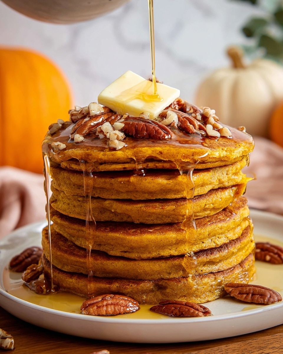 A tall stack of seven thick, fluffy pumpkin-colored pancakes sits on a white plate, each pancake evenly layered with a soft, spongy texture. On top of the stack, a square pat of pale yellow butter slowly melts, surrounded by scattered toasted pecan halves with a rich brown hue. Golden syrup is being poured over the butter, cascading down the sides of the pancakes in thick, glossy streams, pooling slightly on the plate below. There are extra pecans resting on and around the bottom of the stack. The dish rests on a wooden surface with a soft focus pumpkin in the background, all set against a white marbled texture. Photo taken with an iphone --ar 4:5 --v 7