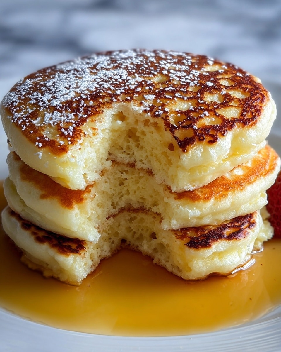A stack of three thick, fluffy pancakes sits on a white marbled surface, each pancake golden brown with crispy, uneven edges and light holes visible on the sides. The top pancake has a bite taken out of it, showing a soft, airy, pale inside texture. Warm golden syrup glistens as it runs down the sides, pooling gently at the base, with a dusting of powdered sugar on the surface around the pancakes. The image is close-up, focusing on texture and layered depth. photo taken with an iphone --ar 4:5 --v 7