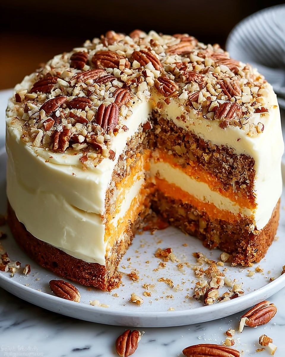 The image shows a thick, multi-layered carrot cake with a slice removed, revealing four distinct layers: a light brown carrot cake base, a creamy orange layer above it, followed by a second light brown carrot cake layer, and topped with a thick white cream cheese frosting layer. The top surface is covered with white frosting and decorated with whole pecans and finely chopped nuts spread evenly across. The cake sits on a white plate with a few crumbs and nuts scattered around on a white marbled surface. The cake has a moist and dense texture with visible carrot bits inside. Photo taken with an iphone --ar 4:5 --v 7