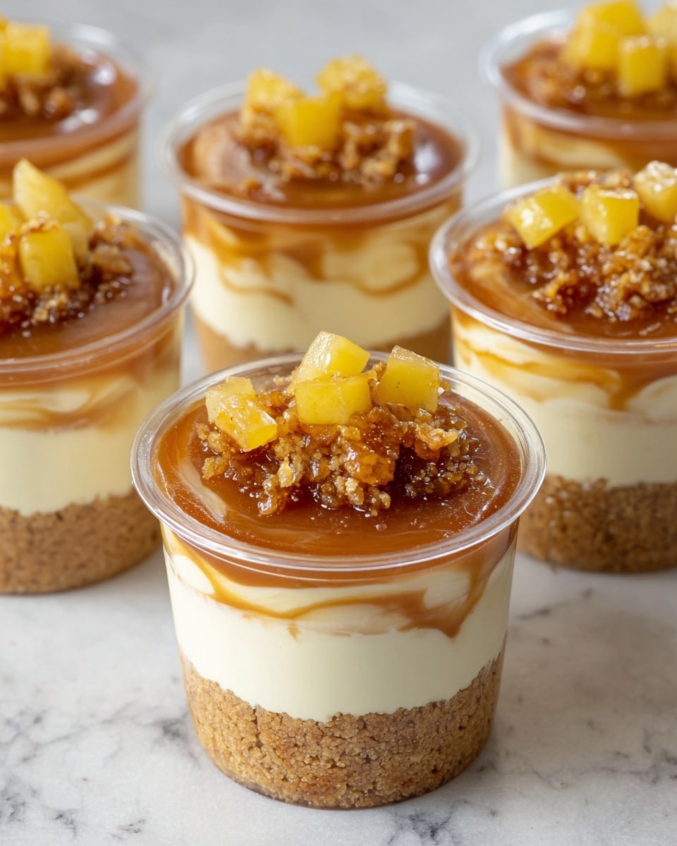 The image shows several transparent cups filled with layered dessert on a white marbled surface. Each cup has four layers: the bottom layer is a crumbly, light brown crust, followed by a creamy, light beige cheese layer with swirls of pale yellow. Above that is a thick, glossy caramel layer in rich golden brown, topped with small yellow chunks of fruit and bits of a sticky, darker brown sauce. The layers are clear and neat, creating a visually appealing contrast of textures and colors. Photo taken with an iphone --ar 4:5 --v 7