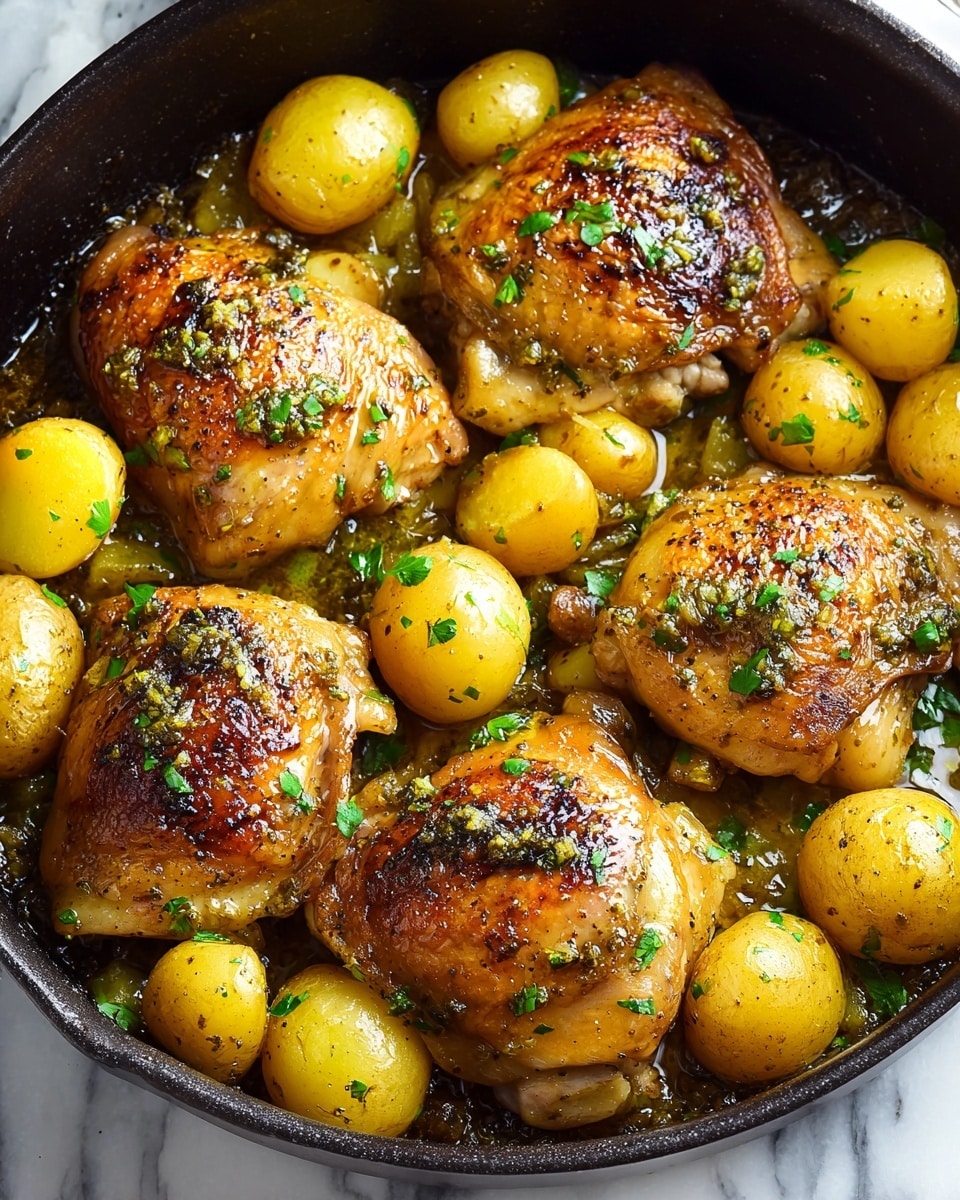 The image shows a close-up of a black pan filled with four pieces of golden-brown roasted chicken thighs placed in a roughly square arrangement. Around and between the chicken pieces are several halved small yellow potatoes with a soft, slightly shiny texture. Both the chicken and potatoes are coated in a glossy layer of herbal oil and garnished with small chopped green herbs scattered evenly on top. The pan's interior is slightly charred and juicy, indicating the roasting process. The background is a white marbled texture. photo taken with an iphone --ar 4:5 --v 7