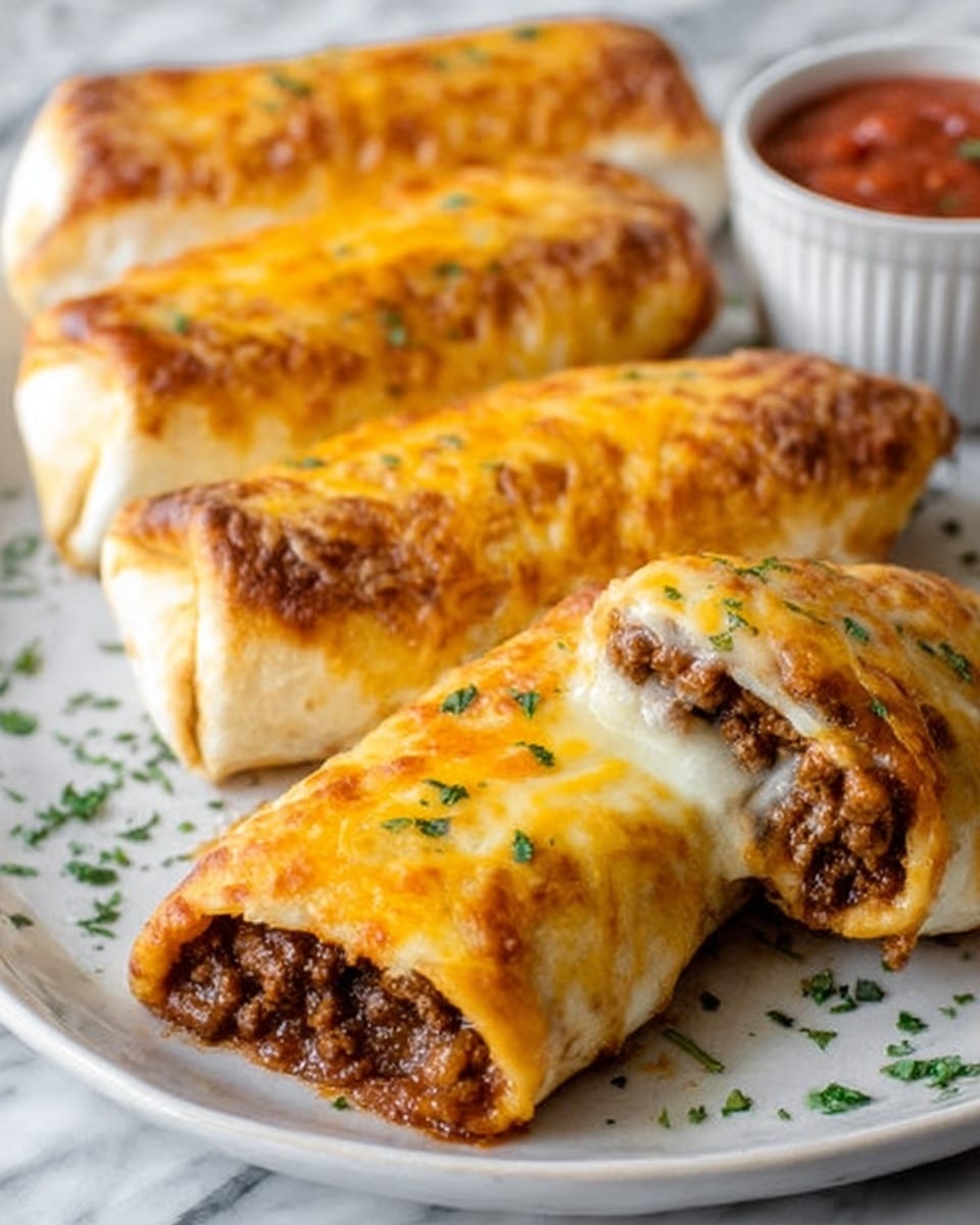 The image shows four baked burritos with a golden, slightly crispy melted cheese layer on top. One burrito is cut open, revealing a rich, dark brown ground beef filling inside, soft and juicy. The burritos are placed on a white plate sprinkled with small green herb pieces, and a small white bowl of red salsa is in the background. The surface beneath is a white marbled texture. The cheese looks bubbly and browned in spots, covering each burrito evenly. photo taken with an iphone --ar 4:5 --v 7