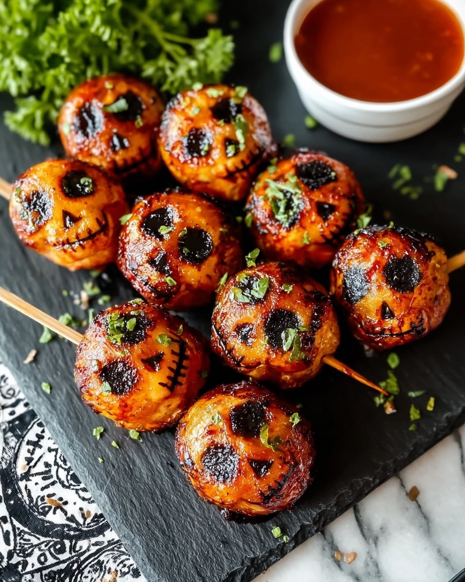 The image shows several small round balls shaped like orange skulls, each with hollow eye sockets and stitched mouths, grilled to have a slightly charred and glossy surface. They are arranged in two wooden skewers, lying close to each other on a dark slate serving board. Small green herb bits are sprinkled on the skulls and the board, adding a fresh color contrast. In the background, there is a bunch of green parsley, and part of a white bowl filled with reddish sauce is visible on the left side. The surface underneath the board has a white marbled texture with a black and white patterned cloth partially showing on the bottom left. photo taken with an iphone --ar 4:5 --v 7