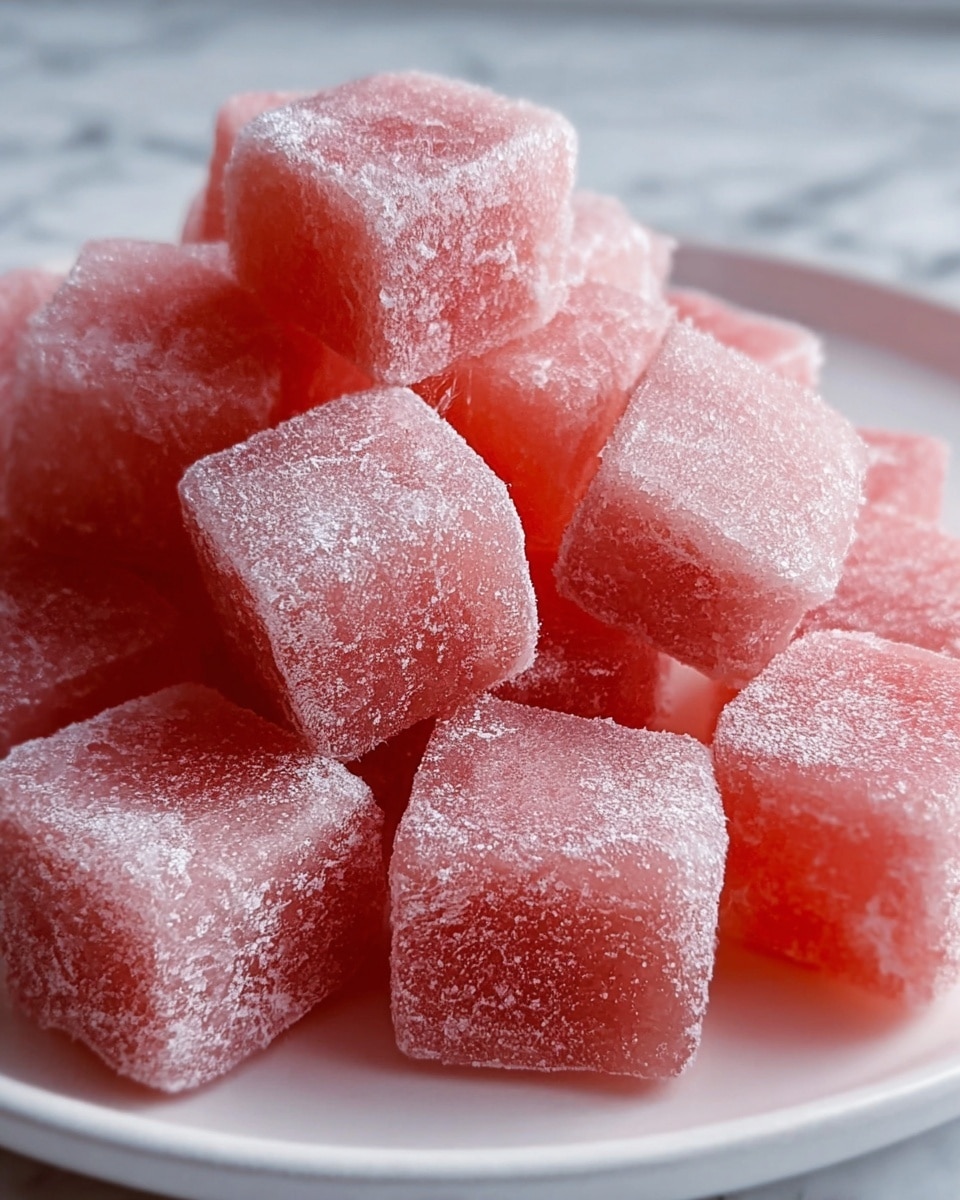 The image shows a pile of small pink frozen cubes with a frosty coating on them, each cube having a slightly rough texture and soft edges. They are stacked closely together on a white plate, with the surface beneath showing a white marbled texture. The cubes have a translucent appearance with a hint of light shining through, making them look cold and refreshing. photo taken with an iphone --ar 4:5 --v 7