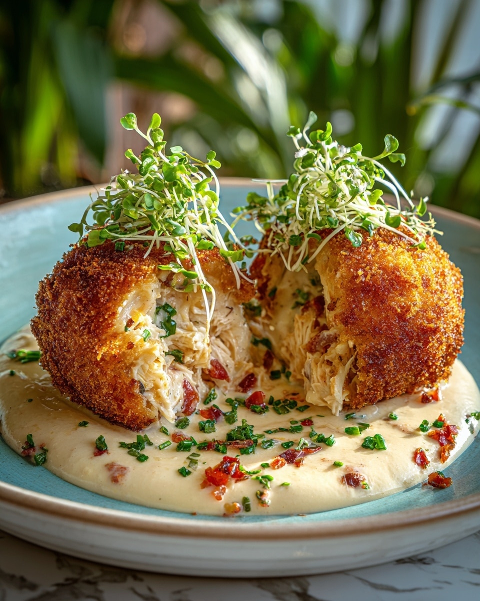 The image shows two golden brown, crispy fried balls cut open to reveal a creamy filling mixed with shredded white meat and bits of red pieces inside. The balls sit on a thick, creamy beige sauce spread on a white plate, garnished with finely chopped green herbs and small red bits. On top of each crispy ball, there is a small bunch of fresh green sprouts adding a fresh texture. The background is blurred with green plants, and the surface beneath the plate has a white marbled texture. photo taken with an iphone --ar 4:5 --v 7