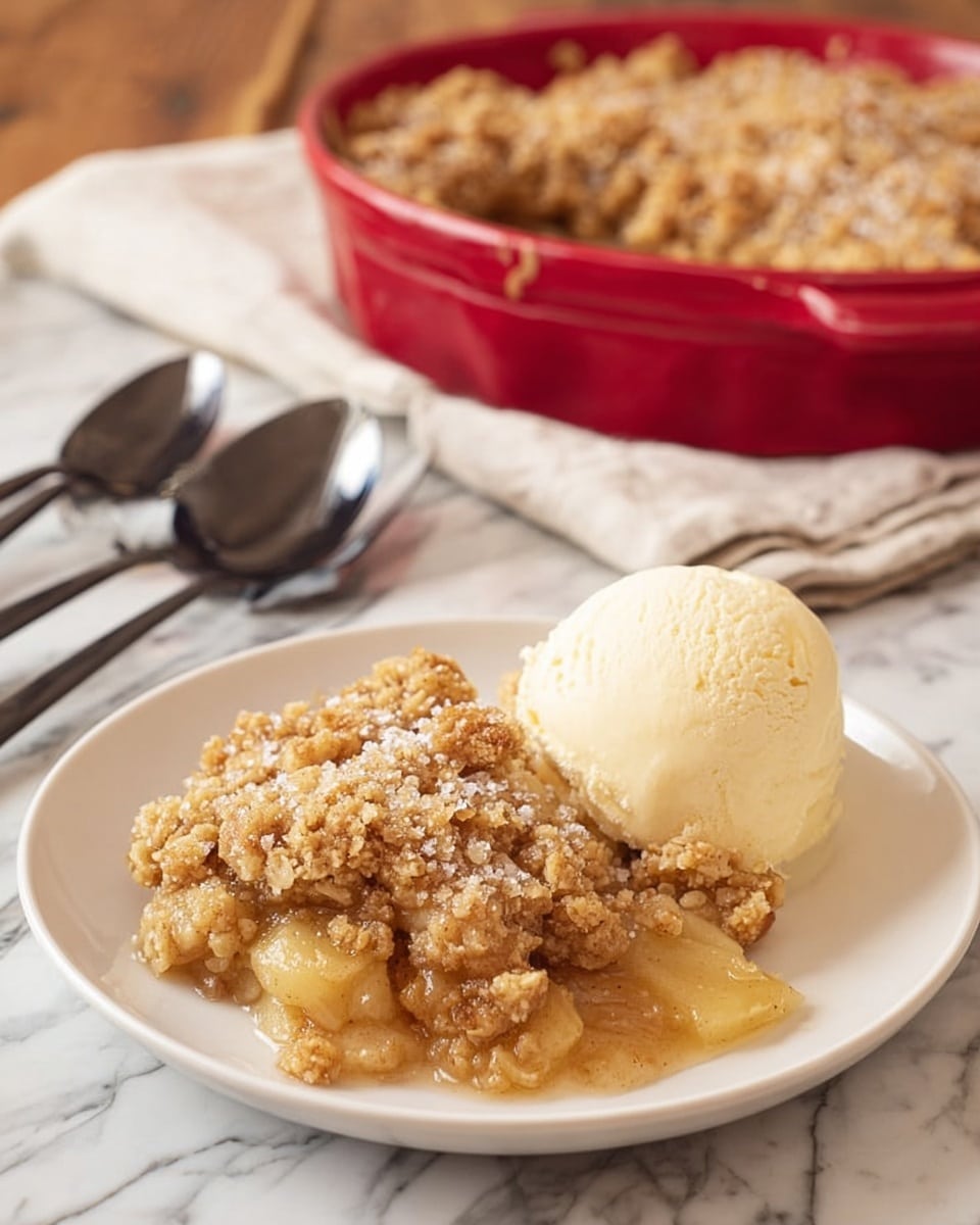 The image shows a white plate with a serving of apple crumble dessert topped with a scoop of creamy vanilla ice cream. The apple crumble has two layers: the bottom layer is soft, light golden cooked apple filling with a glossy texture, and the top layer is a chunky, crumbly crust with a golden brown color, sprinkled with coarse sugar crystals. The scoop of vanilla ice cream is creamy and smooth, positioned on the right side above the crumble. In the background, there is a red baking dish filled with more apple crumble placed on a light cloth. The setting is on a white marbled surface with a wooden texture beneath it, near some stacked metal spoons resting on a folded napkin. Photo taken with an iphone --ar 4:5 --v 7