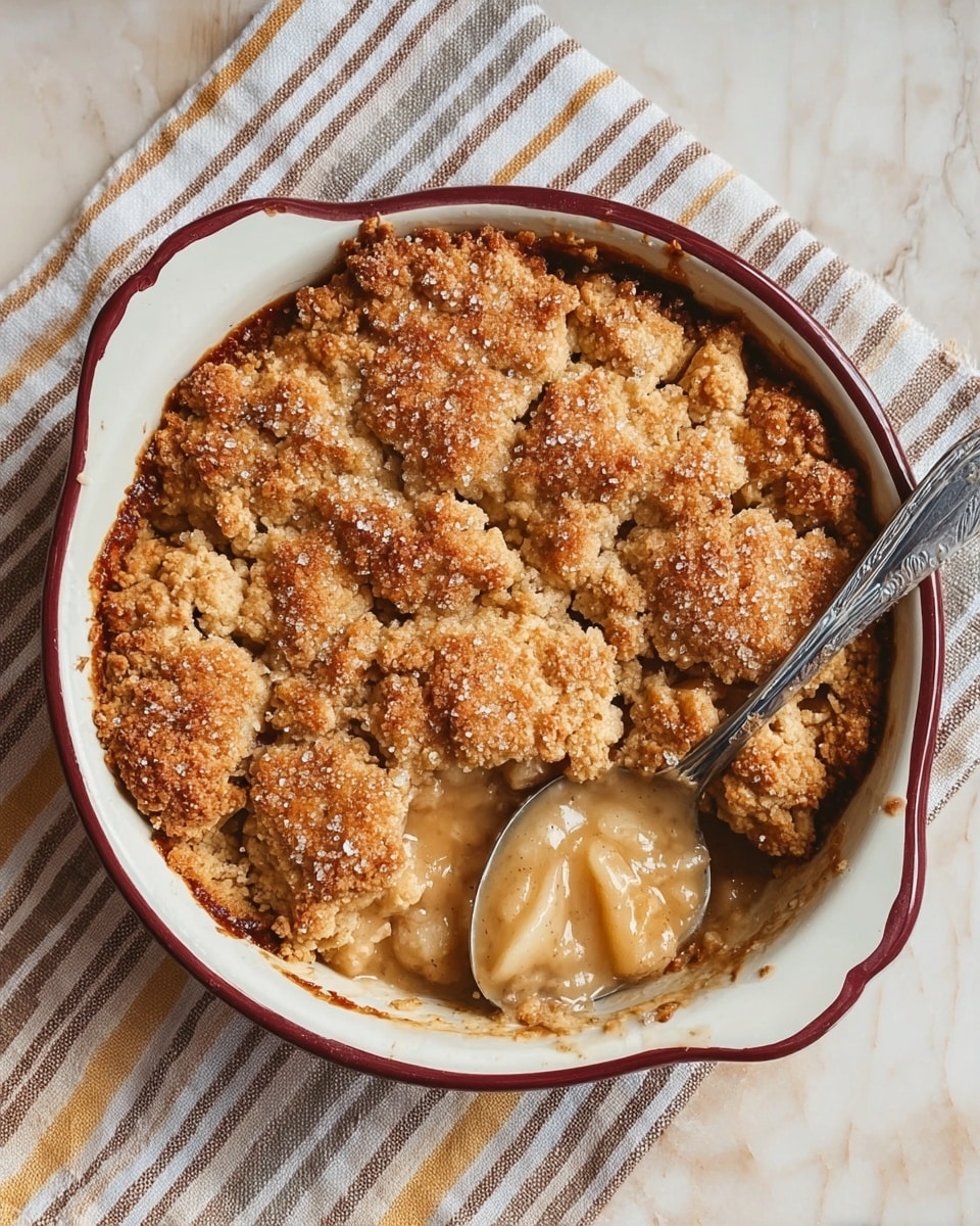 A round white ceramic dish with a maroon rim holds a golden-brown baked cobbler with a rough, crumbly texture topped with coarse sugar crystals. The cobbler is thick with uneven patches covering the top in a mosaic pattern. A spoon inside the dish reveals a gooey, creamy pale beige fruit filling underneath the crust, with a glossy sauce pooling slightly at the edges. The dish is set on a folded striped cloth on a white marbled surface. Photo taken with an iphone --ar 4:5 --v 7