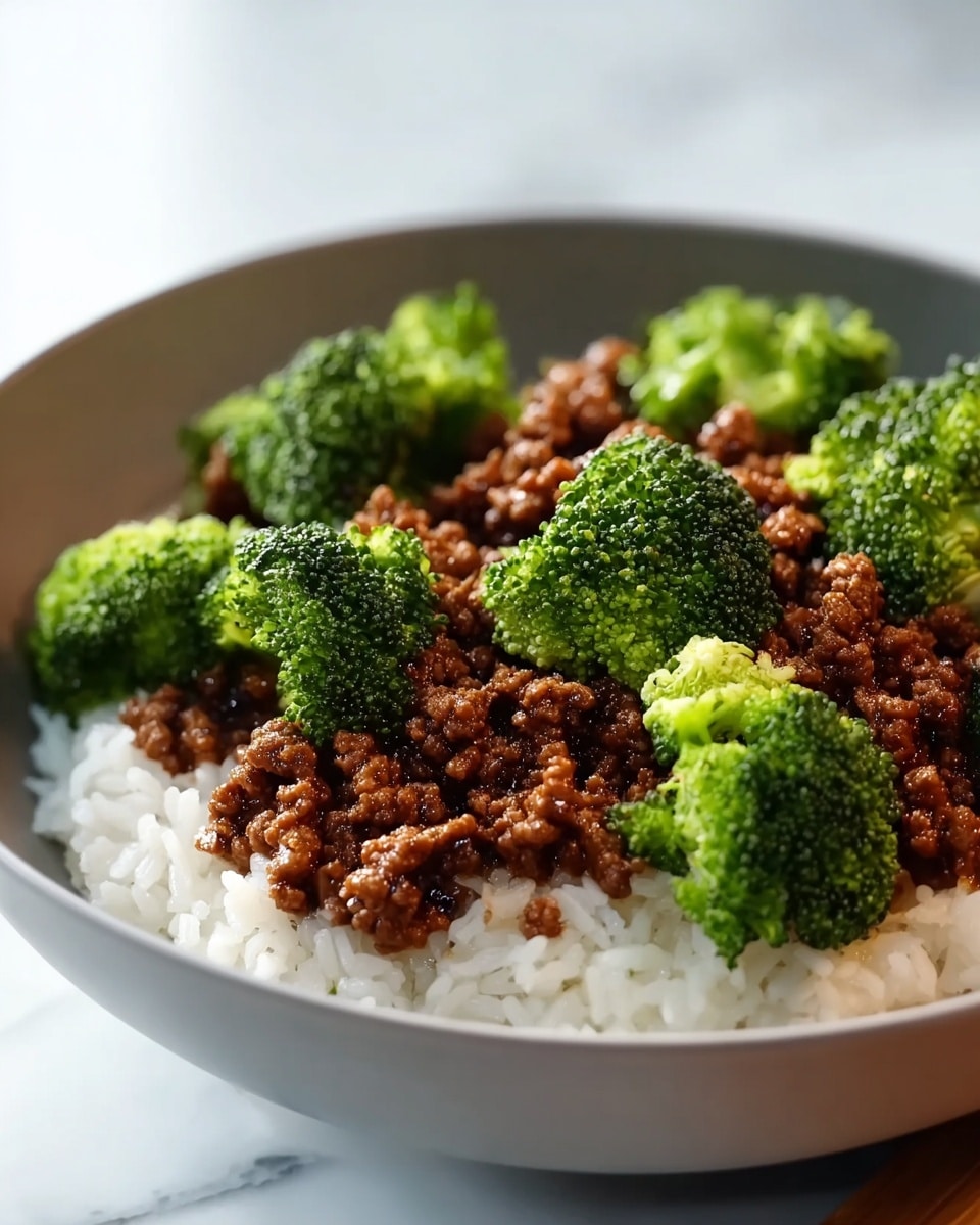 A close-up view of a bowl showing three main layers: the bottom layer is white rice with a soft, fluffy texture; the middle layer features glossy, dark brown cooked ground meat with a slightly crumbly texture; the top layer has bright green steamed broccoli florets with a fresh, slightly rough texture, placed evenly around and on top of the meat. The bowl itself is white with a smooth finish, placed on a white marbled surface in soft, natural light. Photo taken with an iphone --ar 4:5 --v 7
