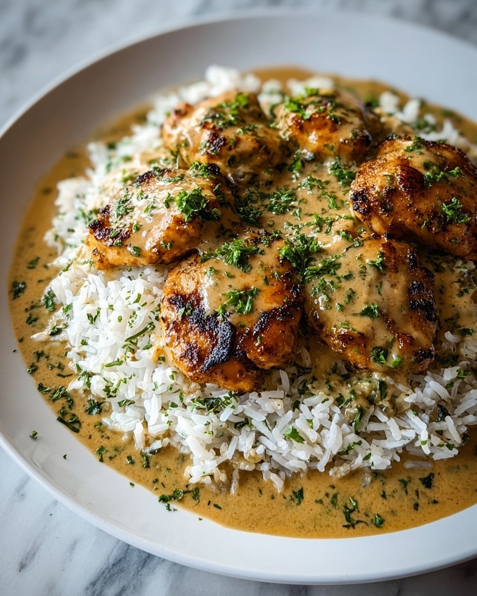 A white plate shows a dish with a base layer of white fluffy rice mixed with small green herb pieces, surrounding four golden-brown grilled chicken pieces arranged close together in the center. The chicken is coated with a creamy brown sauce flecked with herbs, and more chopped green herbs are sprinkled generously on top of both the chicken and the rice. The plate sits on a white marbled surface. photo taken with an iphone --ar 4:5 --v 7