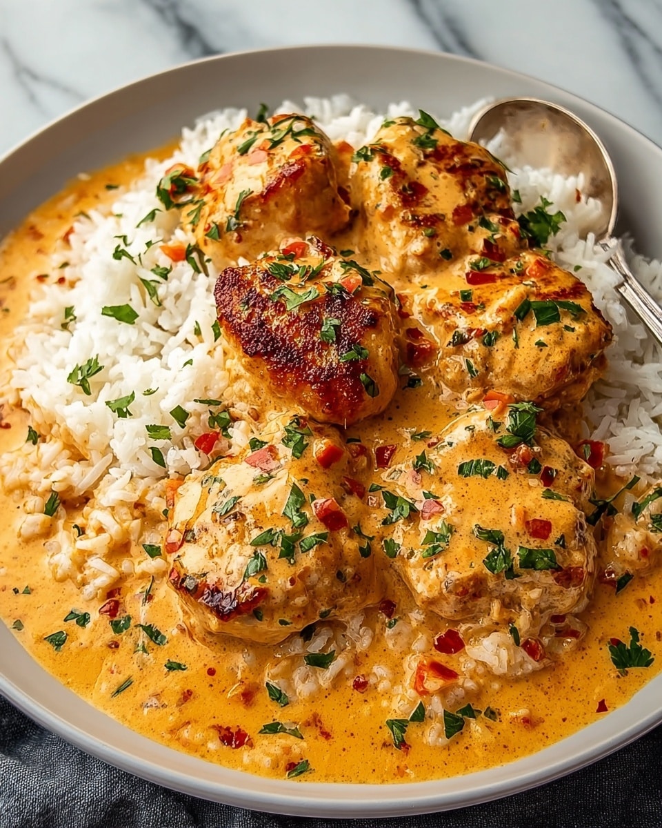 The dish shows a white plate filled with a base layer of white rice with a soft texture. On top, there are five pieces of browned, crispy chicken, each covered in a thick, creamy orange sauce with visible herbs and small red bits, possibly tomatoes or peppers. The sauce pools around the rice and chicken, giving a rich look, and the chicken pieces are sprinkled with fresh green chopped herbs. In the background, a silver spoon rests on the plate edge, and everything is placed on a white marbled surface. photo taken with an iphone --ar 4:5 --v 7