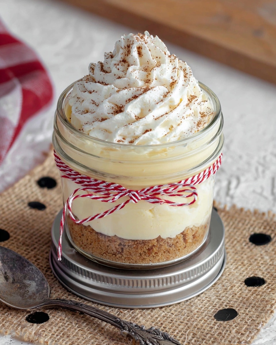 A clear glass jar held together with a red and white string tied in a bow shows three distinct layers: the bottom layer is a crumbly light brown crust, the middle layer is a smooth creamy pale yellow filling, and the top layer is a textured swirl of white whipped cream sprinkled with brown spices. The jar rests on a silver metal lid on a burlap cloth with black dots, all placed on a white marbled surface. Next to the jar is a rustic silver spoon with ornate handles. Photo taken with an iphone --ar 4:5 --v 7