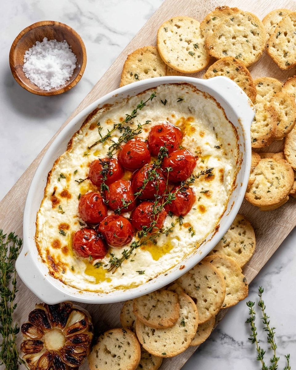 The dish shows a white oval baking dish filled with two layers: a base layer of white, creamy baked cheese with golden brown spots and a slightly rough texture, topped in the center with bright red roasted cherry tomatoes with shiny skins and green sprigs of thyme scattered on top. The dish sits on a light wooden board surrounded by multiple slices of light tan multi-seed bread with airy holes and several round, golden crackers with small holes. A small, shallow wooden bowl of coarse salt and a few green thyme sprigs are visible on a white marbled surface beneath. There is also a halved roasted garlic bulb with a caramelized brown top placed near the bottom left corner. photo taken with an iphone --ar 4:5 --v 7