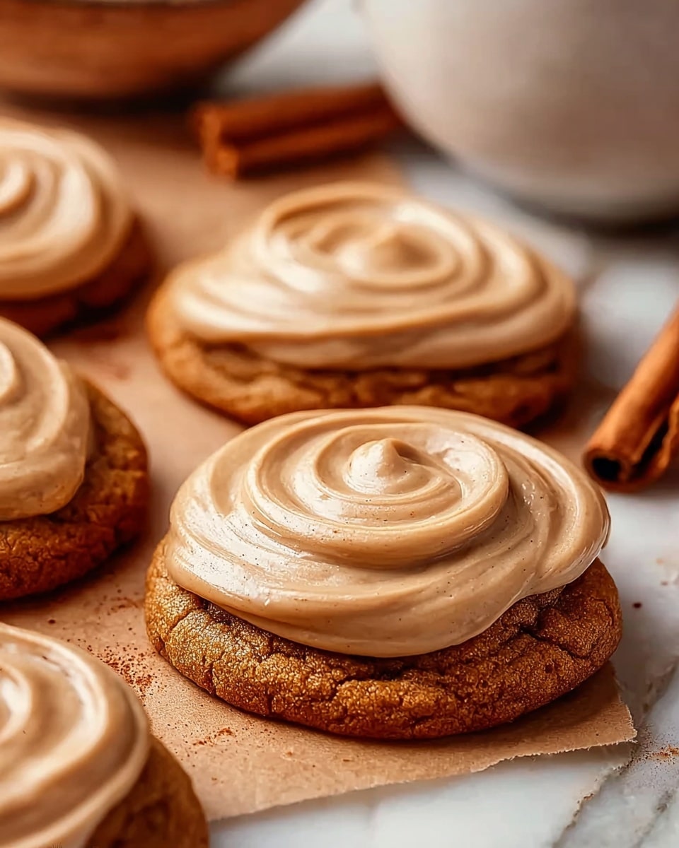 A close-up view of several round gingerbread cookies topped with a thick, smooth, light brown frosting swirled in a circular pattern, each cookie showing a rough, slightly cracked texture beneath the creamy frosting. They rest on a sheet of parchment paper on a white marbled surface. In the background, there is a white cup and some cinnamon sticks softly blurred to keep focus on the cookies, highlighting the warm, cozy tones of the scene. photo taken with an iphone --ar 4:5 --v 7