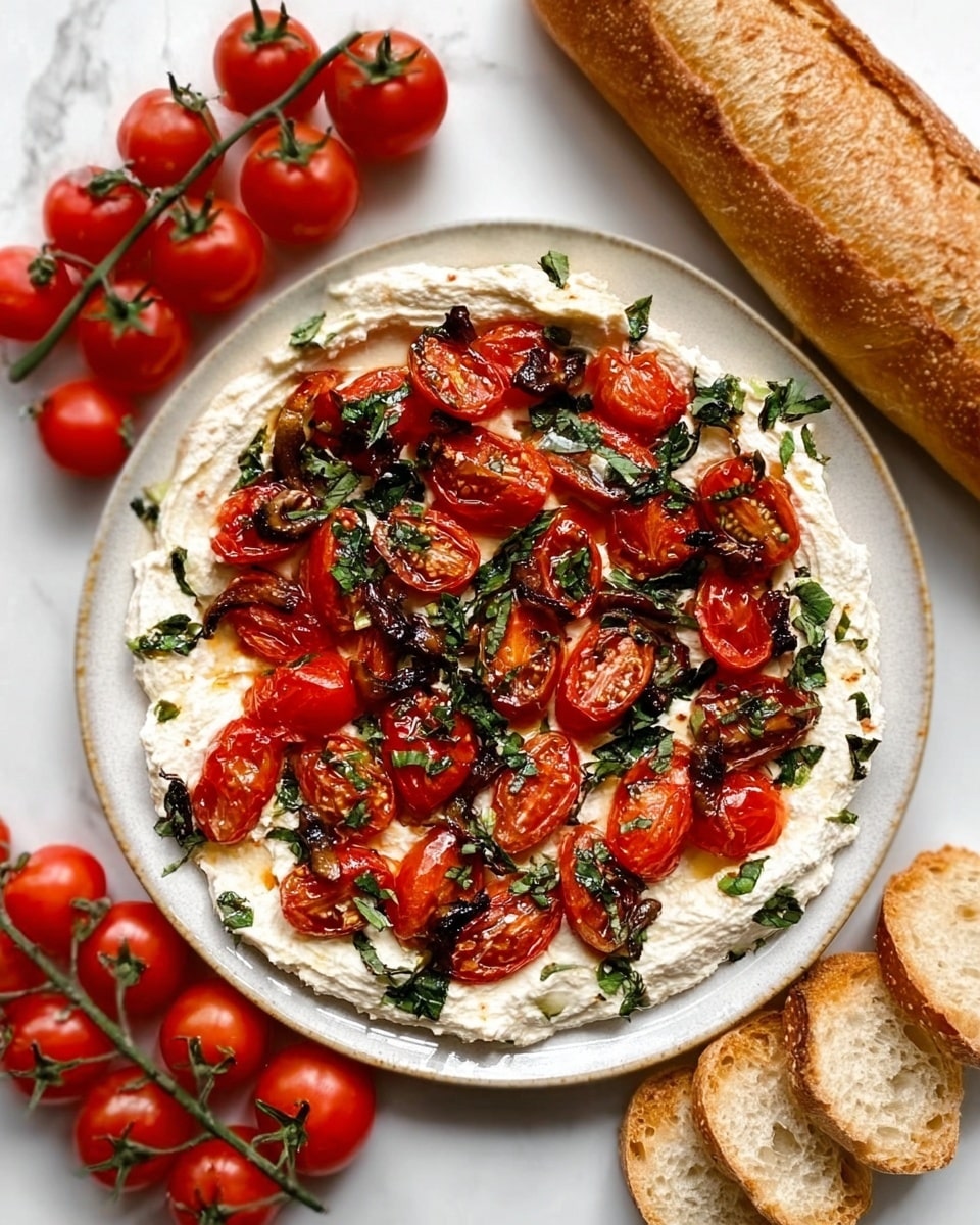 The image shows a white plate with a creamy white spread covering the entire base layer, topped with bright red roasted tomato slices arranged unevenly. Scattered over the tomatoes are dark green fresh herb leaves and small brown bits that look like roasted mushrooms or caramelized onions, adding texture and color contrast. Around the plate, there are some sliced pieces of brown crusty bread and whole red cherry tomatoes, with a bunch of cherry tomatoes on the vine near the top left and a long loaf of bread to the right. The surface underneath the plate and food items is a white marbled texture. photo taken with an iphone --ar 4:5 --v 7