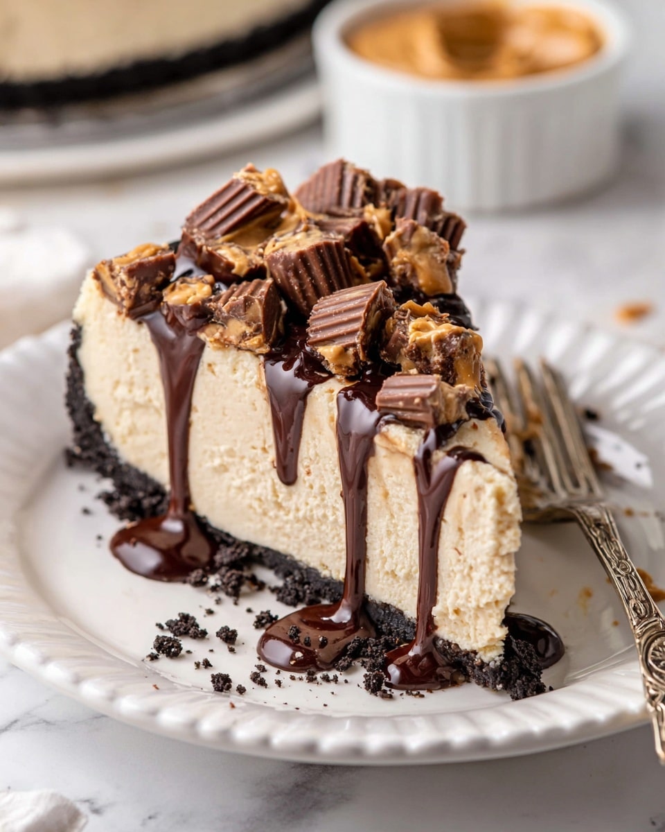 A slice of creamy light beige cheesecake sits on a white scalloped plate, with a dark chocolate cookie crust forming the base layer. The cheesecake is topped with chopped pieces of chocolate peanut butter cups that have a rich brown and tan color, layered unevenly on top. A thick drizzle of glossy dark chocolate sauce cascades down the sides of the cheesecake, pooling slightly on the plate below. Some dark cookie crumbs are scattered around the plate. To the right of the slice, an ornate silver fork rests on the plate. The background shows a blurred white bowl of peanut butter and a white marbled surface. Photo taken with an iphone --ar 4:5 --v 7