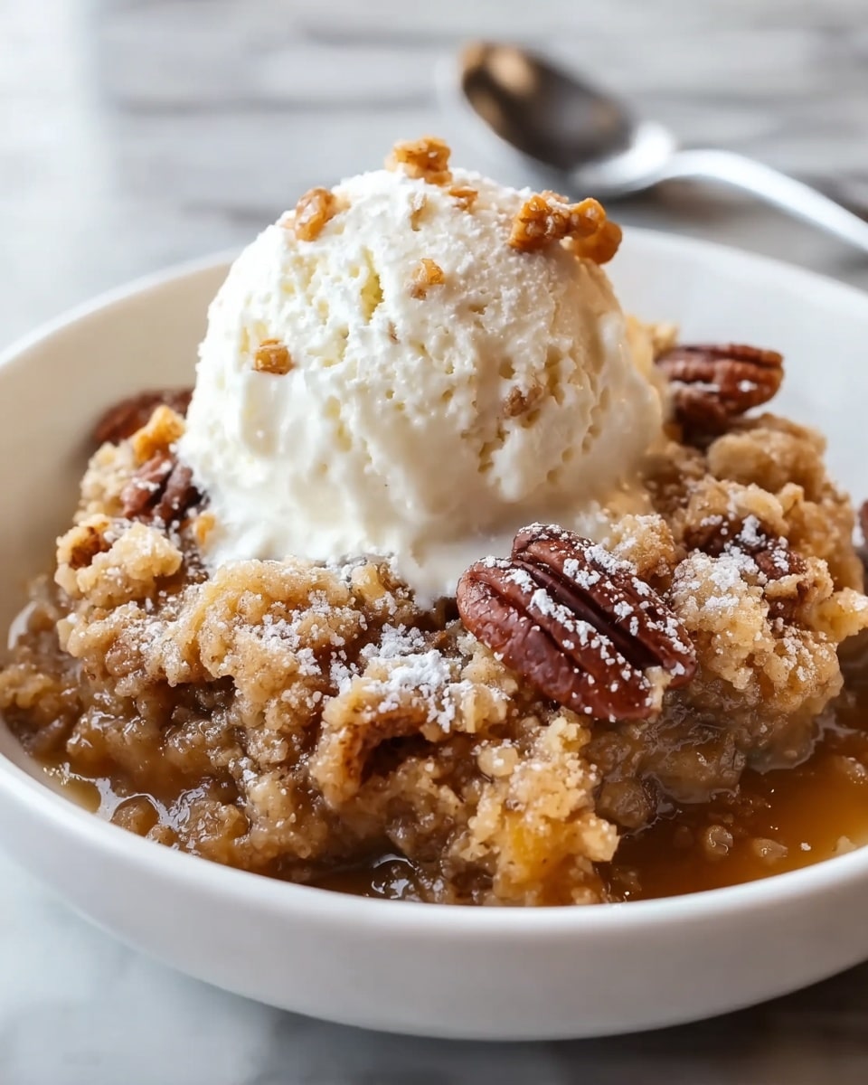 A white bowl holds a warm dessert made up of a bottom layer of soft, moist cake with a light brown color soaked in caramel sauce. On top of this is a layer of crumbly, golden brown streusel sprinkled with whole glazed pecans evenly placed around the edges. The dessert is topped with a large scoop of creamy white ice cream, lightly dusted with powdered sugar and small pieces of streusel. The bowl is set on a white marbled surface. Photo taken with an iphone --ar 4:5 --v 7