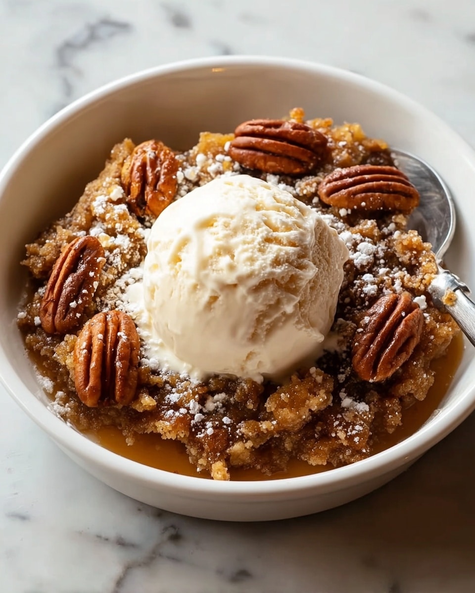 The image shows a crumbly dessert served in a white bowl with a thick golden-brown base layer topped with clusters of crunchy crumb pieces. Scattered over the top are whole pecans that add a rich brown color and texture. A dollop of creamy, white ice cream sits on the top, slightly melting and softening the edges of the dessert. The ice cream is sprinkled lightly with powdered sugar and small bits of pecan. The bowl is placed on a surface with a white marbled texture. photo taken with an iphone --ar 4:5 --v 7