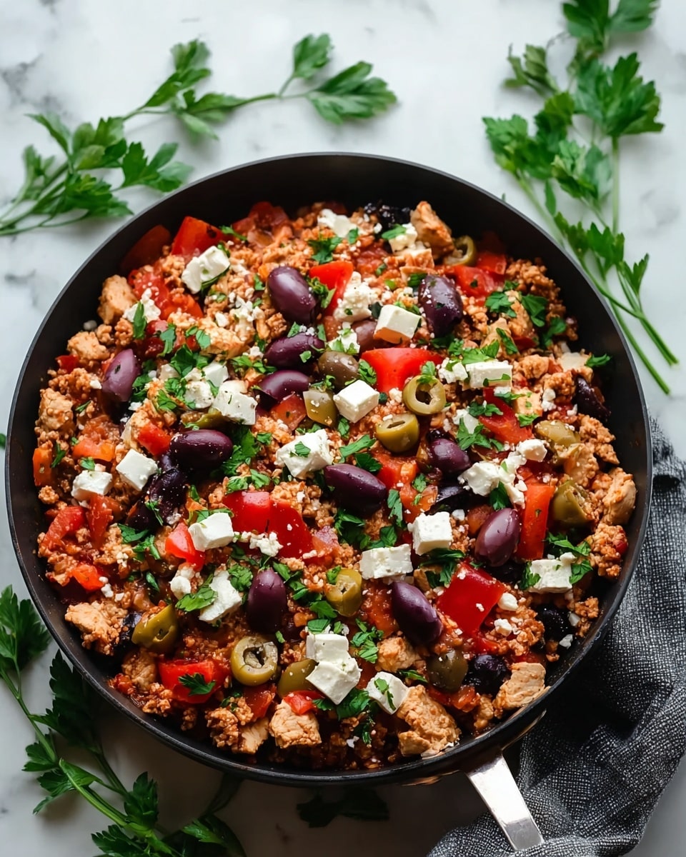 A black pan filled with a colorful mix of cooked ground meat and chunks of chicken as the base layer, topped with bright red tomato pieces, dark purple Kalamata olives, and green olive slices. White feta cheese cubes are scattered throughout, and fresh green parsley leaves are sprinkled on top. The pan is placed on a gray cloth on a white marbled surface with more parsley leaves scattered around. photo taken with an iphone --ar 4:5 --v 7