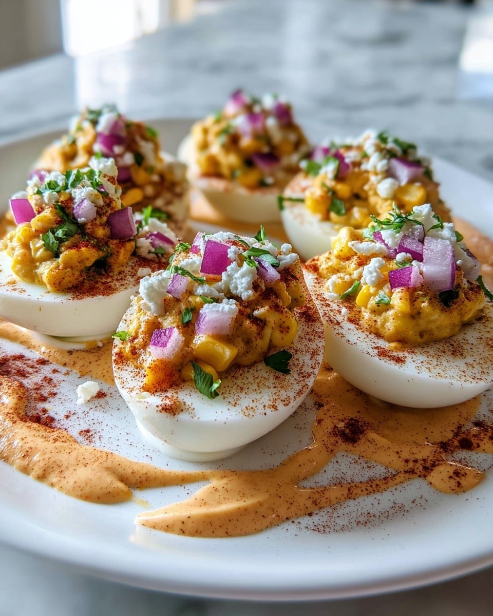 The image shows a white plate filled with seven deviled eggs, each cut in half with three clear layers visible: the smooth white egg white base, a bright yellow, creamy egg yolk filling piled on top, and garnishes including small purple onion pieces with a drizzle of a light brown sauce and a dusting of red paprika powder. There is also a sprinkle of finely chopped green herbs on all the eggs. The plate is being held by a woman's hand against a blurred background with soft natural lighting. Photo taken with an iphone --ar 4:5 --v 7