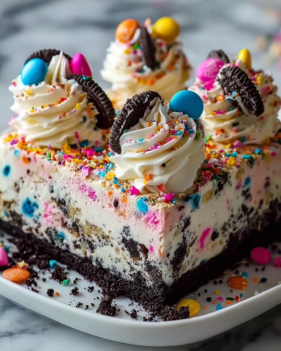 This is a square cake with three visible layers on a white plate, set on a white marbled surface. The bottom layer is dark brown with a crumbly texture resembling crushed cookies. The middle and top layers are thick and creamy white, embedded with whole and crushed chocolate sandwich cookies. The white creamy layer is decorated with colorful candy sprinkles all over, including pieces of pink, blue, yellow, orange, and green. On top of the cake, there are large swirls of white whipped cream, each topped with a colorful chocolate candy and more sprinkles scattered on the surface. The edges and corners of the cake are neatly covered with the same creamy white layer and embedded cookies, with sprinkled crumbs and candies around the plate’s base. Photo taken with an iphone --ar 4:5 --v 7