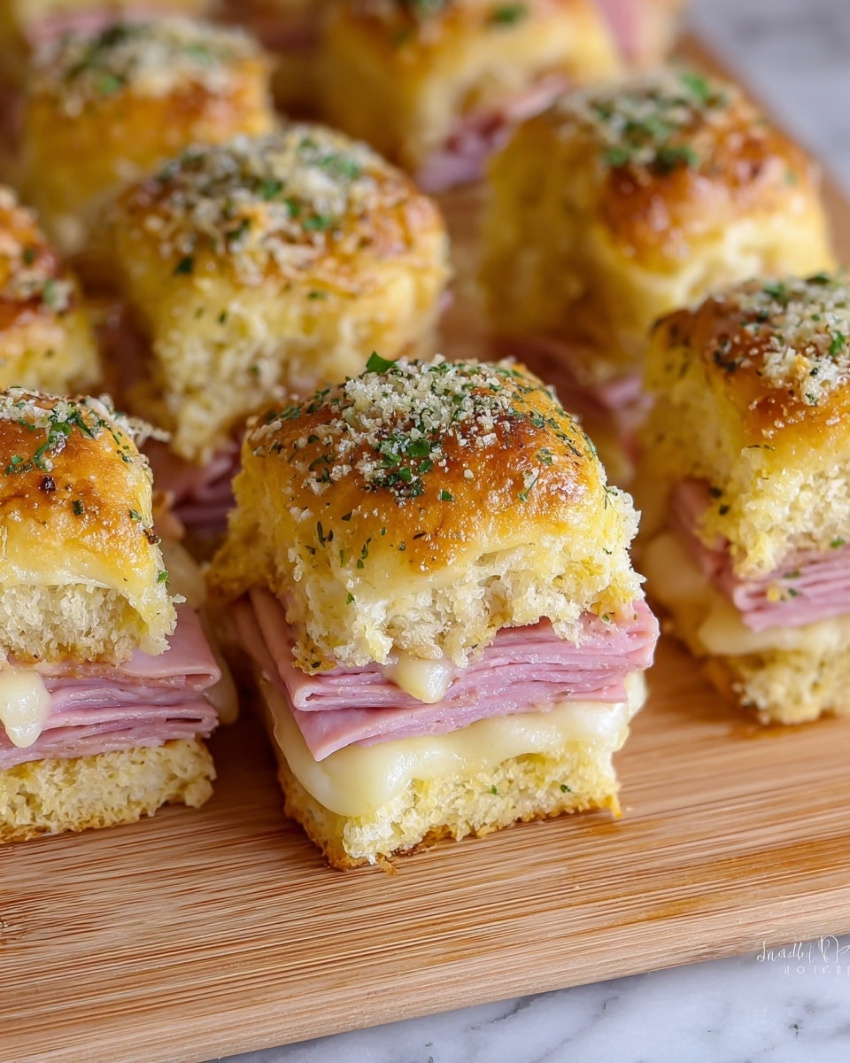 The image shows square sandwich sliders arranged closely on a light wooden board. Each slider has a golden brown top bun sprinkled with parsley and grated cheese, looking slightly crunchy and textured with visible baked garlic and herbs. Beneath the bun are multiple layers of thinly sliced pink ham and creamy melted cheese, stacked evenly. The bottom bun is soft and light yellow, contrasting with the vibrant fillings. The overall look is warm, inviting, and fresh, placed on a white marbled surface. Photo taken with an iphone --ar 4:5 --v 7
