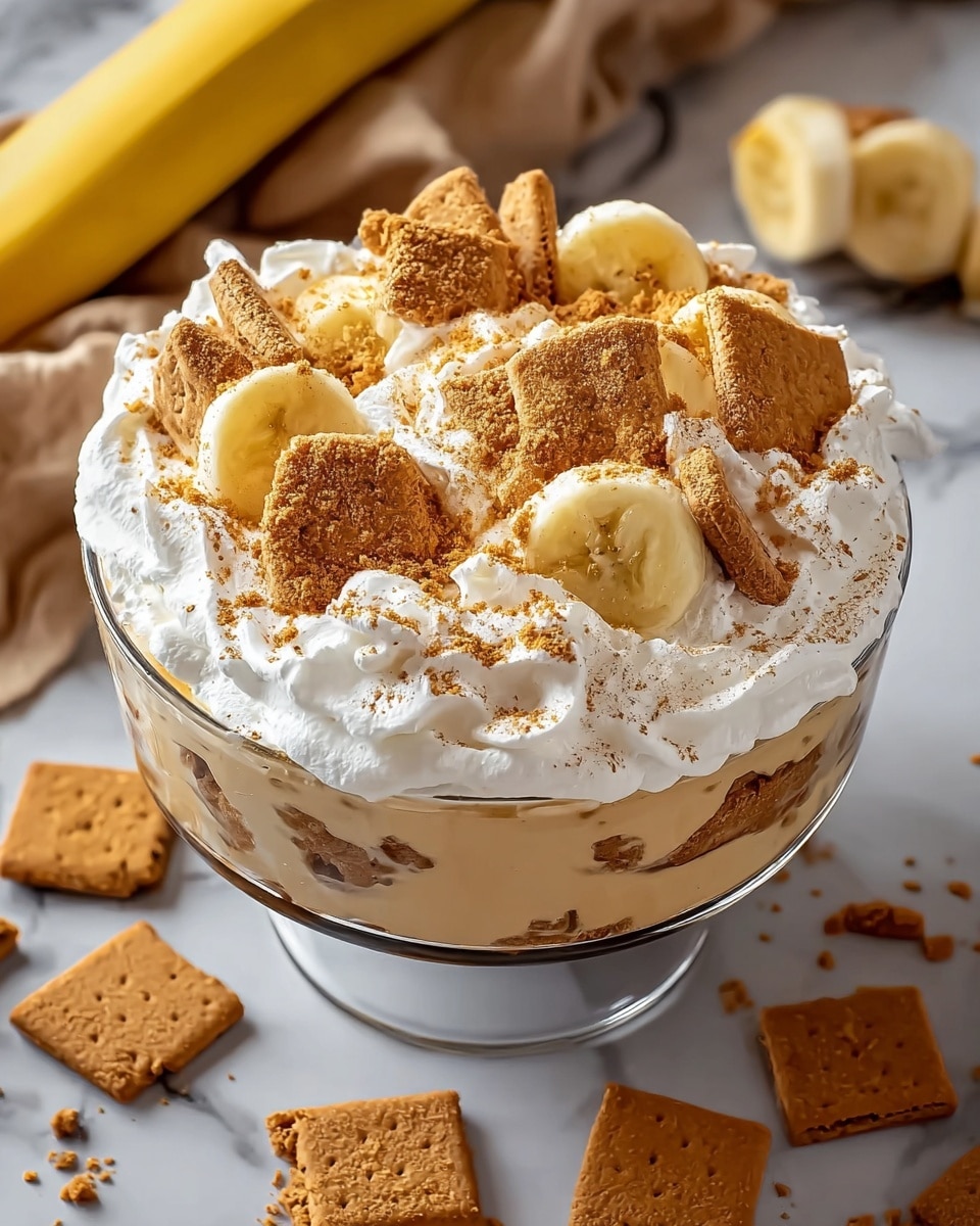 A clear bowl with three main visible layers: the bottom layer is a light brown creamy pudding with a smooth, slightly bubbly texture; the middle layer is fluffy white whipped cream spread thickly across the top of the pudding; the top layer is decorated with sliced yellow banana pieces and broken pieces of brown graham crackers scattered unevenly over the whipped cream, all lightly dusted with a fine brown powder, likely cinnamon. The bowl sits on a white marbled surface with a whole banana and more cracker pieces around it. photo taken with an iphone --ar 4:5 --v 7