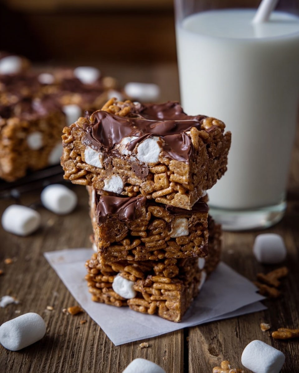 The image shows a close-up of a stack of three chewy bars made with square cereal pieces coated in melted chocolate and mixed with small white marshmallows. The top bar is the main focus, with the chocolate giving a shiny, smooth texture covering most of the light brown cereal squares on all sides. The bottom two bars appear slightly crumbled with an uneven rough texture. The stack sits on a small white paper square on a wooden surface, and a tall clear glass filled with white milk stands near the bars with some loose cereal pieces and marshmallows scattered around. The background is softly blurred, making the bars and milk the clear focus. Photo taken with an iphone --ar 4:5 --v 7